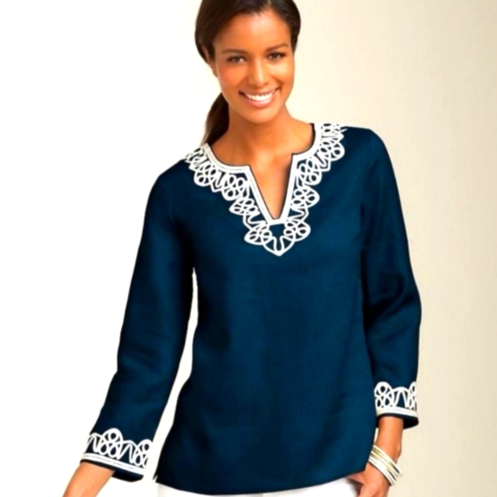 Talbots Navy Blue Linen Tunic with White Cord Trim Embroidery